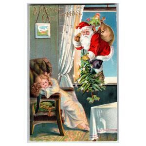 Vintage Christmas Postcard Santa Claus with Tree & Sleeping Girl